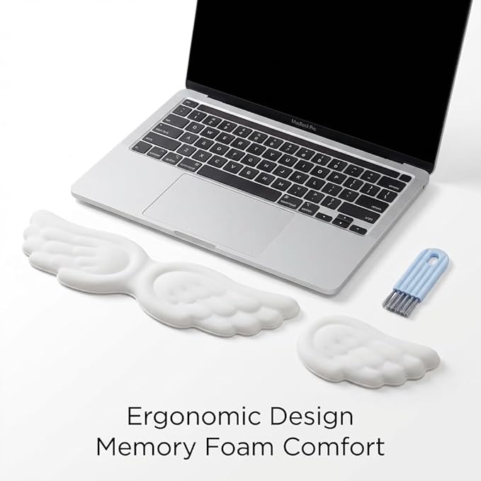 White Angel Wings Ergonomic Memory Foam Wrist Rest Computer Keyboard and Mouse Set Cute Gaming Keyboard Wrist Support pad PU Leather Surface Non-Slip and Waterproof Includes a Cleaning Brush