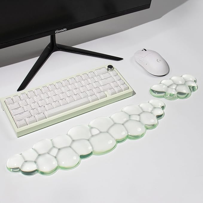 Clear Gel Wrist Rest for Keyboard and Mouse, Green Cloud Wrist Rest Set, Cute Ergonomic Silicone Wrist Rest for Computer Keyboard 60%/68%/75%