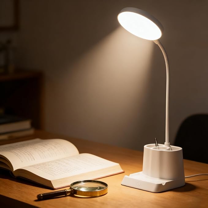 LED Desk Lamp for Home Office, 360° Rotating Gooseneck Small Table Lamp with USB Charging Port, Eye-Care Reading Dimmable Desk Light with Pen Phone Holder, 12 Colored Pencils, White