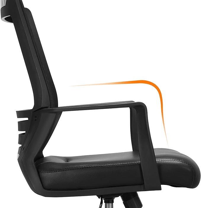 Yaheetech Mid Back Mesh Office Chair with Leather Seat Executive Office Computer Task Chair with Armrests and Lumbar Support, Black