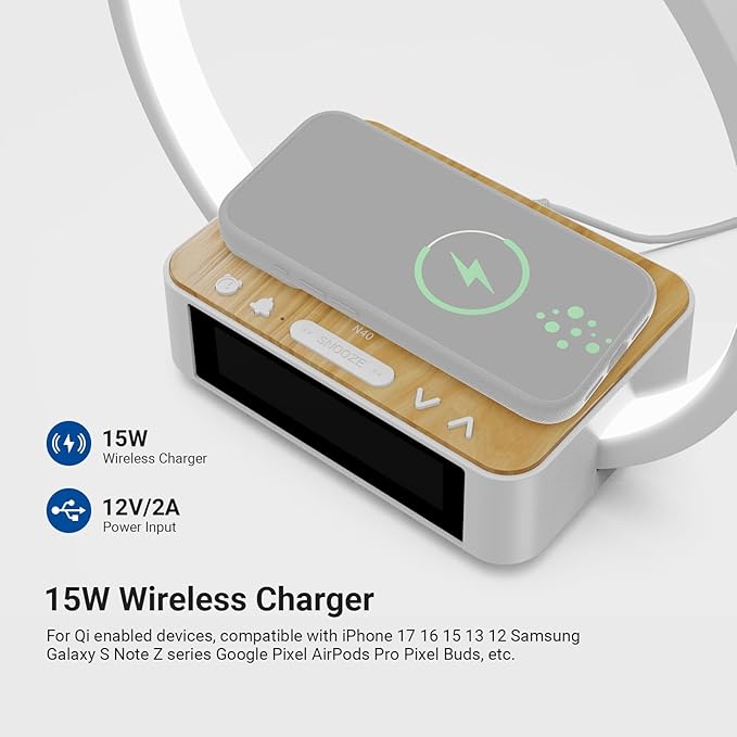 NEEWER Entry Level Version Bedside Lamp with 15W Wireless Charging Compatible with iPhone AirPods, Sunrise Alarm Clock, Dimmable Desktop LED Touch Ring Light for Bedroom Nightstand Reading, N40