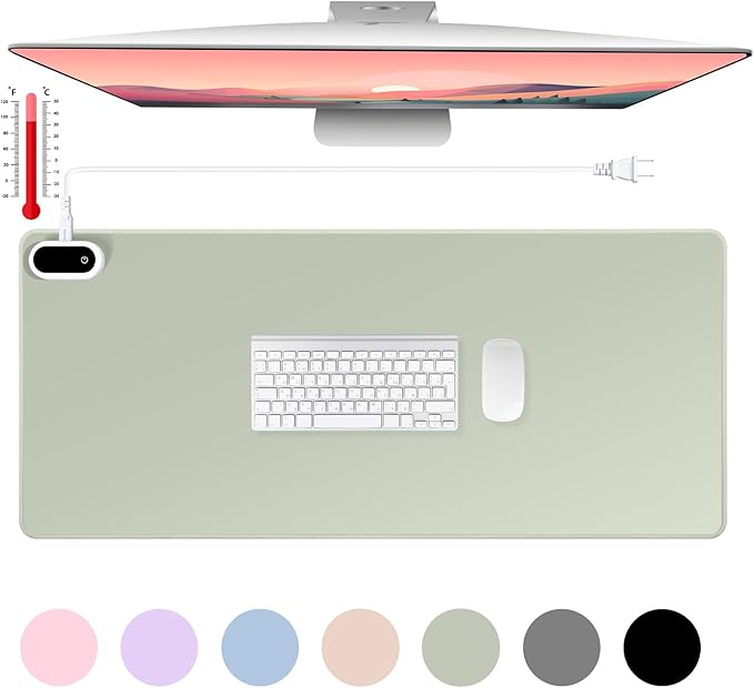 Konohan Heated Desk Pad Warm Mouse Pad, 5 Heating Level & 4 Hour Auto Shut-Off, PU Leather Warm Mouse Mat Heating Keyboard Gaming Mice Warmer Mat Only Supports 110v(Gray-Green Color,31.5" X 13")
