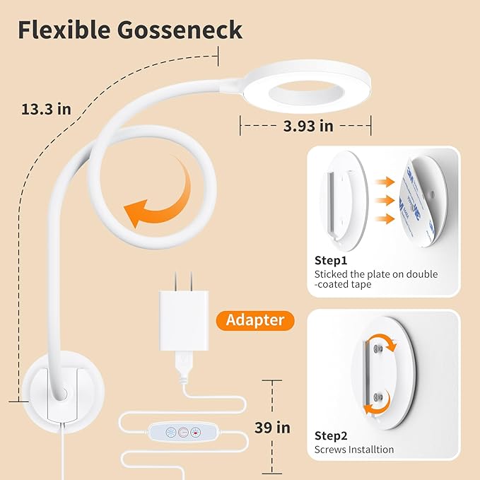 Wall Mounted Reading Light, Book Light in Bed at Night, Reading Lamp for Bedroom Bedside Headboard, Eye Care 5 Color & Brightness Adjustable, 360 Flexible Gooseneck, White