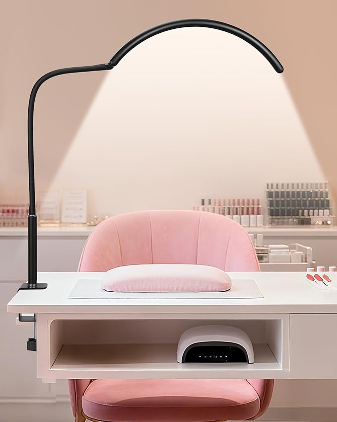 Half Moon LED Desk Light for Nail Techs & Artists – No Flicker & Shadow-Free Arch Light for Salon Use with Clamp, Stepless Brightness Table Lamp & 5 Color Modes for Manicure, Tattoo, Beauty Work