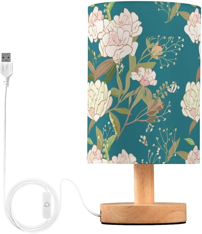 Teal Flora LED Table Lamp, Bedside Lamp with Linen Lampshade, Flicker-Free Eye Care USB Plug in Nightstand Lamp, for Bedroom and Office