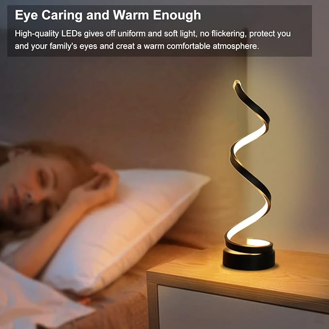 Modern Table Lamp Set of 2, Dimmable Spiral Desk Lamps for Bedside, 12W LED with 3 Color & 10 Brightness Levels, Perfect for Bedroom & Living Room (Black)