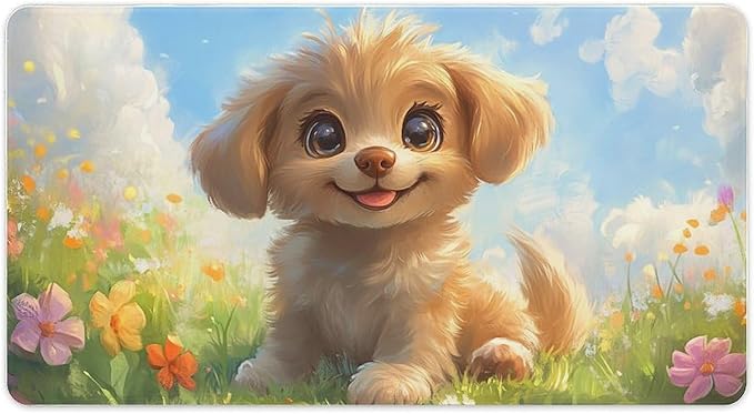 Large Ergonomic Gaming Mouse Pad Happy Puppy in Sunny Field - Lovable Dog Theme with Non-Slip Base Water-Resistant Surface and Stitched Edges 40X75cm