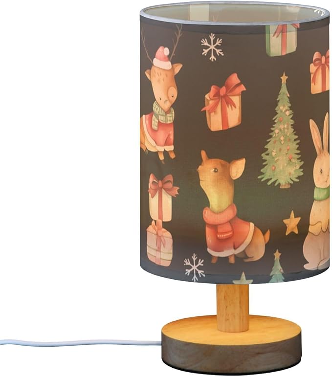 Christmas Cartoon LED Table Lamp, Bedside Lamp with Linen Lampshade, Flicker-Free Eye Care USB Plug in Nightstand Lamp, for Bedroom and Office