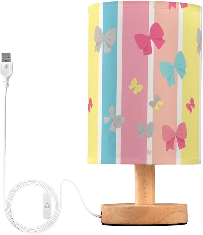 Pastel Stripe LED Table Lamp, Bedside Lamp with Linen Lampshade, Flicker-Free Eye Care USB Plug in Nightstand Lamp, for Bedroom and Office