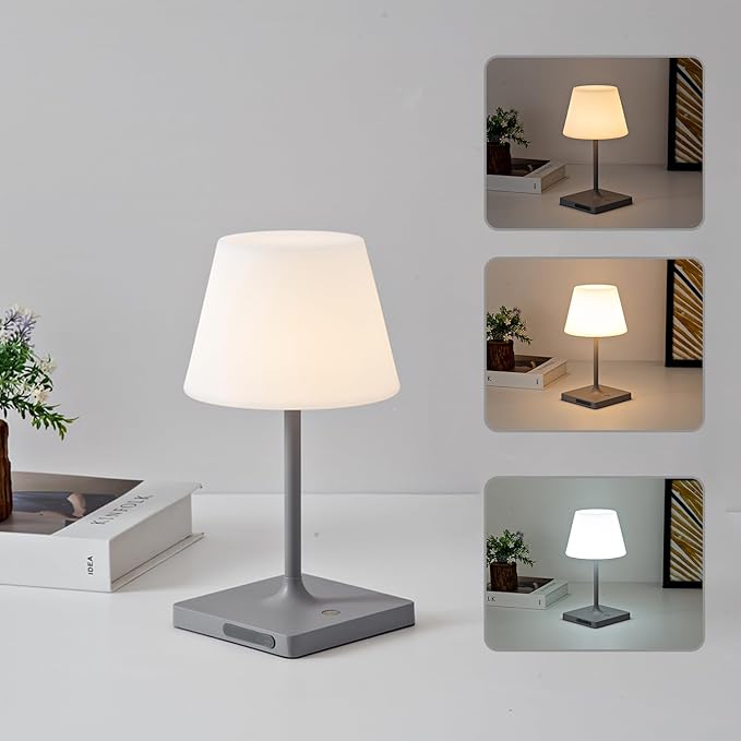Portables Cordless Table Lamp Rechargeable, Outdoor Battery Operated Waterproof Shower Lamp,4000mAh LED 3 Colors Dimmable Desk Lamps for Balcony Camping Bar,Small Night Light-Grey