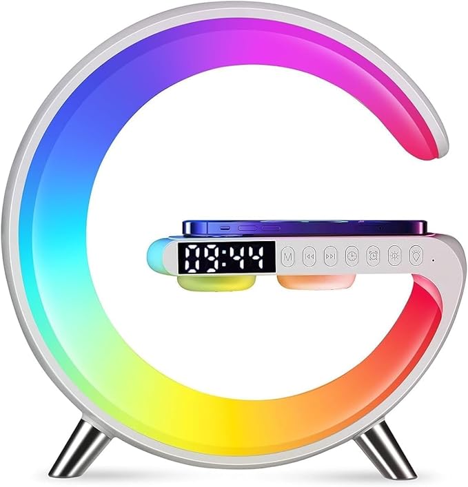 Wireless Charger Atmosphere Lamp, 2026 New Intelligent LED Table Lamp, Bluetooth Speaker, Dimmable Night Light Bedside Lamp Alarm Clock with Music Sync, App Control for Bedroom Home Decor Gift (White)