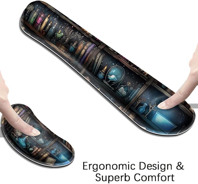MIBITRI Keyboard Mouse Pad Set, Extended Gaming Mouse Pad+Ergonomics Keyboard Wrist Rest Support, Memory Foam, Easy Typing, 4Pcs XXL Ultra Thick Desk Mat, Enchanted Bookshelf