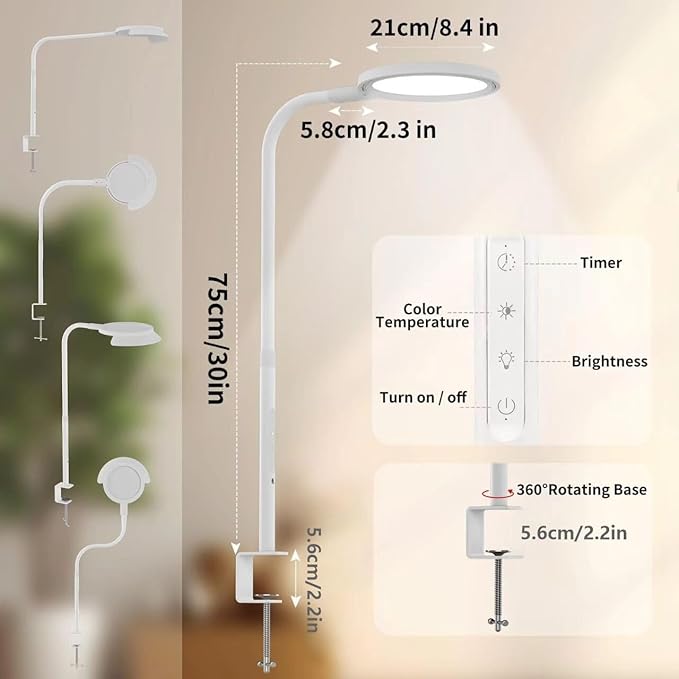 30" LED Desk Lamp with clamp,8.4" Ring Lights Natural Light Protects Eyes Dimmable Office Lamp with 25 Lighting&1500lum, Night Light and Memory Function,Monitor,Study,Work,Nail | White