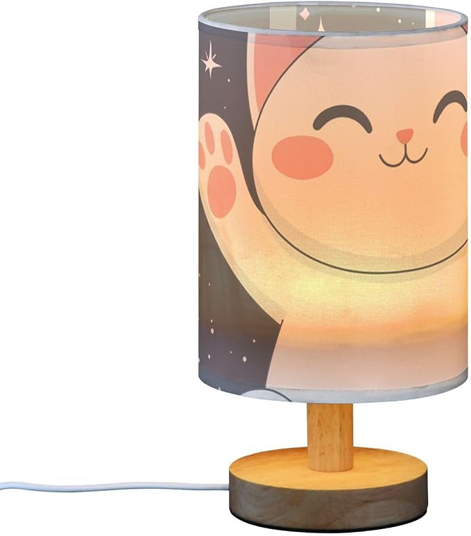 Cute Cat LED Table Lamp, Bedside Lamp with Linen Lampshade, Flicker-Free Eye Care USB Plug in Nightstand Lamp, for Bedroom and Office