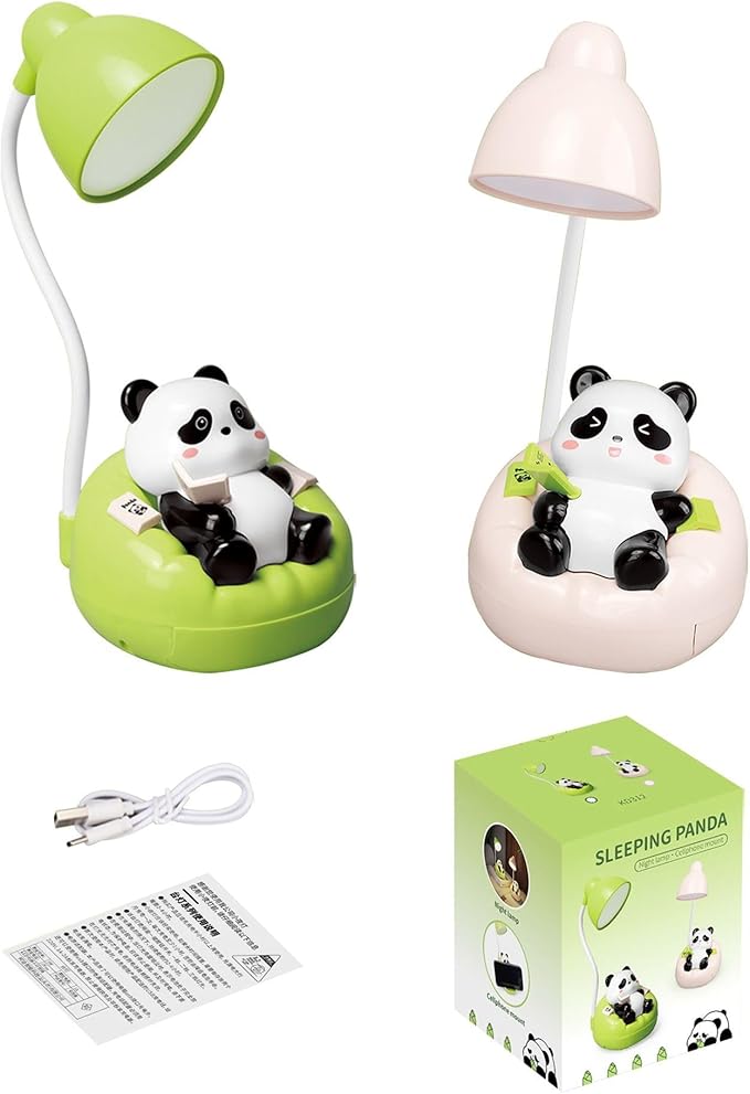 LED Desk Lamp with USB Charging Port, Gooseneck, Cute Panda Night Light for Bedroom Study Room, Boys Girls Children, Touch Control, 500 mAh, Rechargeable Lighting Decor for Boys Girls-Pink