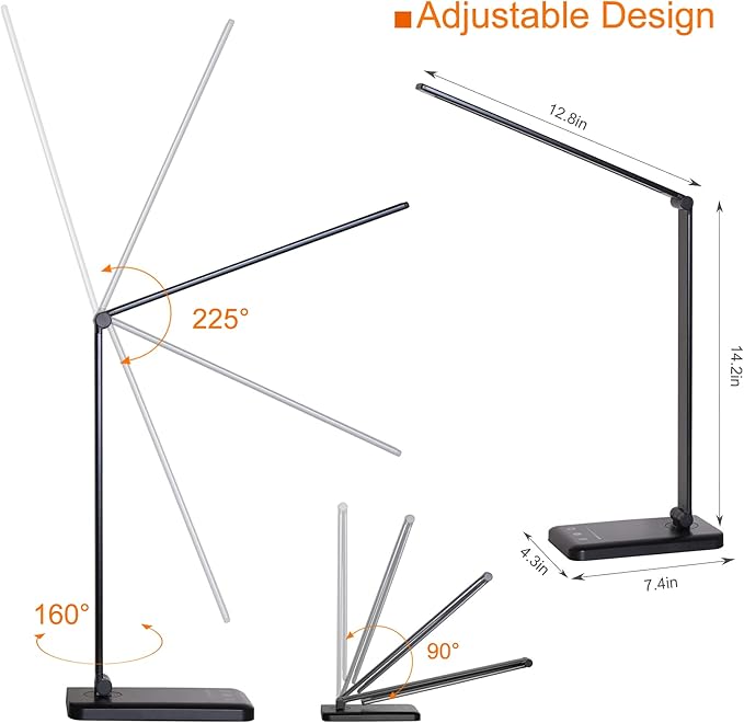 LED Desk Lamp,Eye-Caring Table Lamps,Stepless Dimmable Office Lamp with USB Charging Port,Touch/Memory/Timer Function,25 Brightness Lighting,Foldable Lamp for Reading,Studying,Working