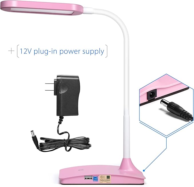 Pink Desk Lamps for Home Office - Super Bright Small Desk Lamp with USB Charging Port, a Perfect LED Desk Light as Study Lamp, Bedside Reading Lights