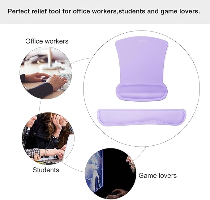 MOSISO Wrist Rest Support for Mouse Pad & Keyboard Set, Ergonomic Mousepad Non-Slip Base Home/Office Easy Typing Cushion with Neoprene Cloth & Raised Memory Foam, Light Purple
