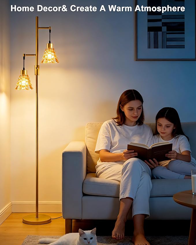 2-Light Modern Glass Floor Lamp, Gold Standing Lamp with Amber Shell Glass Shade, Dimmable LED Floor Lamp with Rotary Switch for Living Room Bedroom, Bulb Included