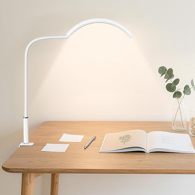 Professional Half Moon LED Desk Light for Nail Techs & Artists – Flexible Gooseneck Lamp with Clamp, 3 Color Modes & 5 Brightness Levels for Manicure, Tattoo, Beauty Work (White)