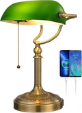 Newrays Green Glass Bankers Desk Lamp with Pull Chain Switch Plug in Fixture,USB Fast Charging Port