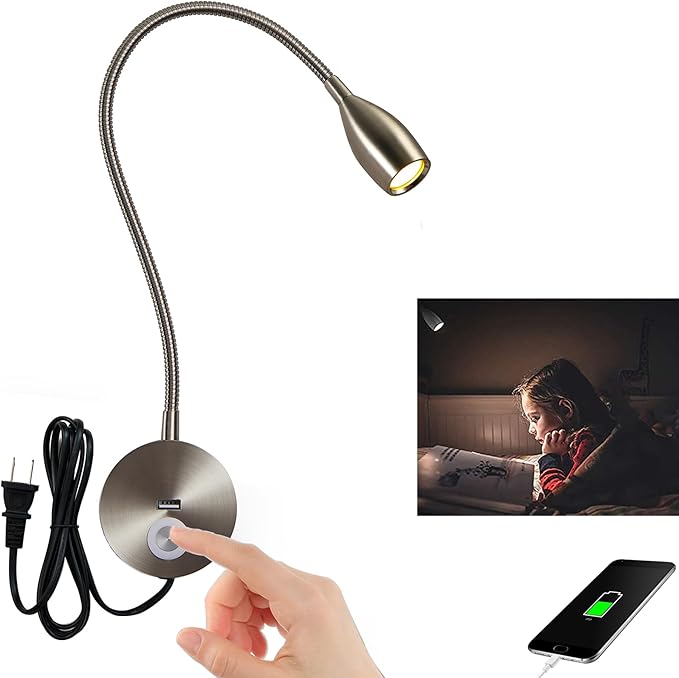 LED Wall Reading Light with USB Charging Port, Dimmable Gooseneck Bedside Lamp, Flexible Arm, 3W, (Nickel, 120V Plug in, Warm White)