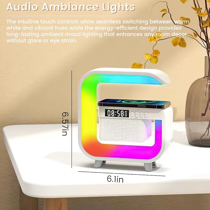 Smart LED Table Lamp, Wireless Charger with 10W Fast Charging and Sunrise Alarm Clock, Bluetooth Speaker Lamp for Bedroom, Office, and Living Room Ambiance