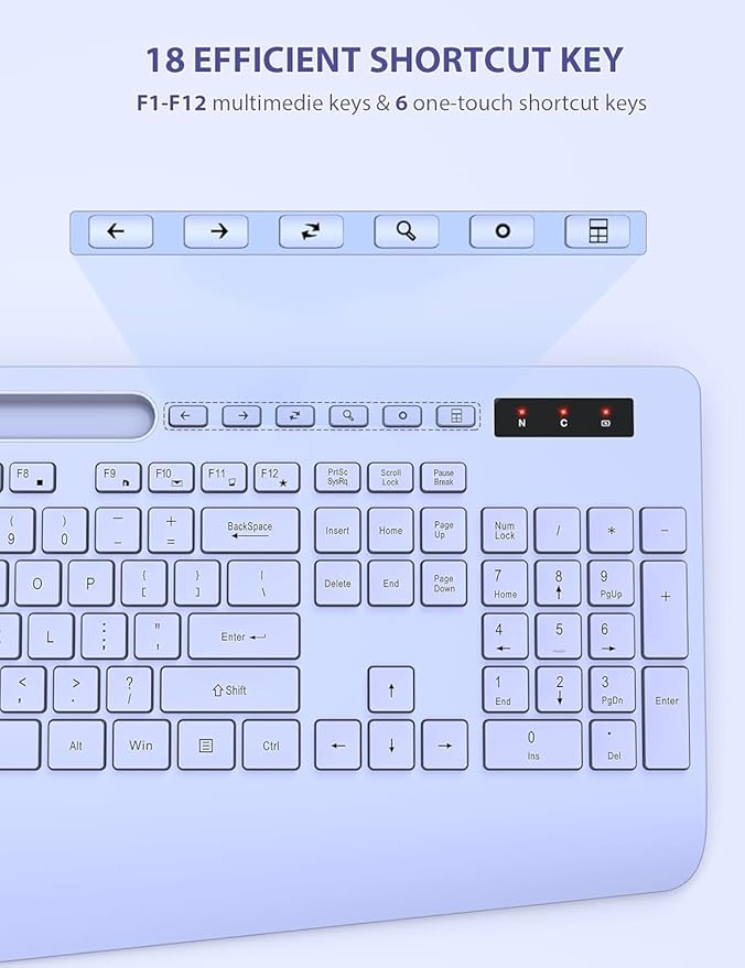 SABLUTE Wireless Keyboard and Mouse, Wrist Rest, Phone Holder, 2.4G Lag-Free Ergonomic Keyboards Mouse Combo, KM23D Silent Keyboards Set for Computer, Laptop, PC, Windows, Purple