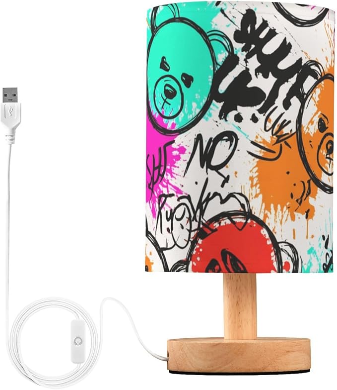 Colorful Graffiti LED Table Lamp, Bedside Lamp with Linen Lampshade, Flicker-Free Eye Care USB Plug in Nightstand Lamp, for Bedroom and Office
