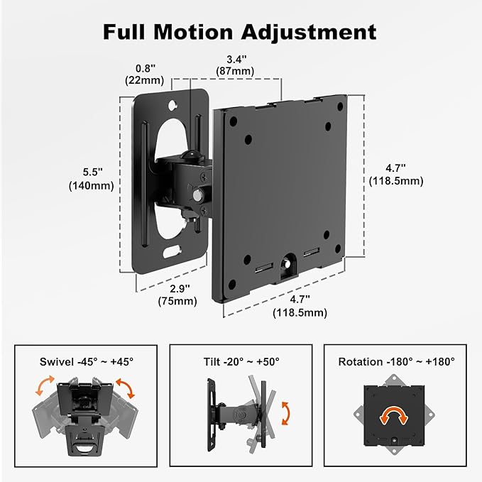 Monitor Wall Mount for 17–49 Inch Ultrawide Screens,Heavy Duty Monitor arm up to 44 lbs with Swivel,Tilt & Rotation,VESA 75x75 & 100x100,Black