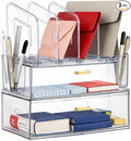 Acrylic Desk Organizer with Drawer, Office Supplies,Organization Storage, 2 PC Drawer Organizer with 4 File Sorter, Desk Organizers and Accessories, Clear Acrylic File Organizer