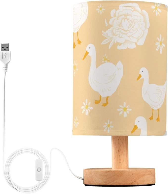 Beige Duck LED Table Lamp, Bedside Lamp with Linen Lampshade, Flicker-Free Eye Care USB Plug in Nightstand Lamp, for Bedroom and Office