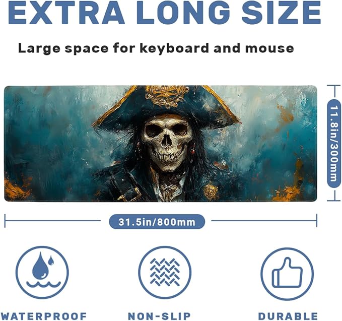Ghost Gaming Mouse Pad Large Desk Mat Skeleton Pirate Naval Captain Skull Mousepads Computer Keyboard Pad Mouse Mat Laptop Mat 31.5 x 11.8 Mouse Pads for Desk Home Office Gaming