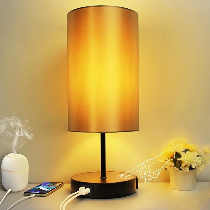 HiBay 17.75" Touch Bedside Table Lamp with USB Charging Ports & AC Outlet, Industrial Black 3-Way Dimmable LED Nightstand Light with Silver-Gray Shade for Bedroom Office Living Room Dorm Decor