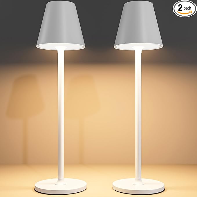 2-Pack Cordless Table Lamps - 5000mAh Rechargeable Battery Operated Desk Lamp, 3-Level Dimmable LED Night Light for Bedroom, Dining, Restaurant - Metal Design (White 2-Pack)