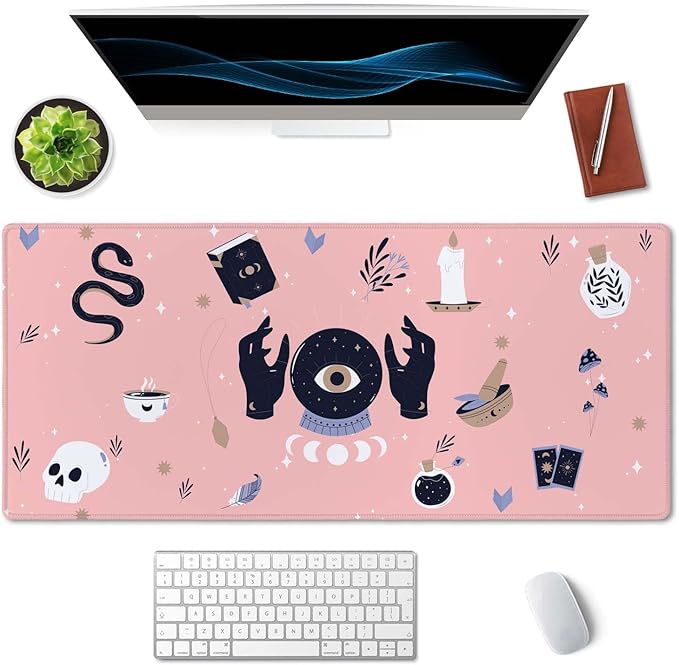 SSOIU Large Mouse Pad, Cute Pink Goth Desk Mat for Desktop, Women Girls Waterproof Gaming Mousepad, Boho Witch Computer PC Laptop Protector Writing Pads for School Office Home 35.5" x 15.7"