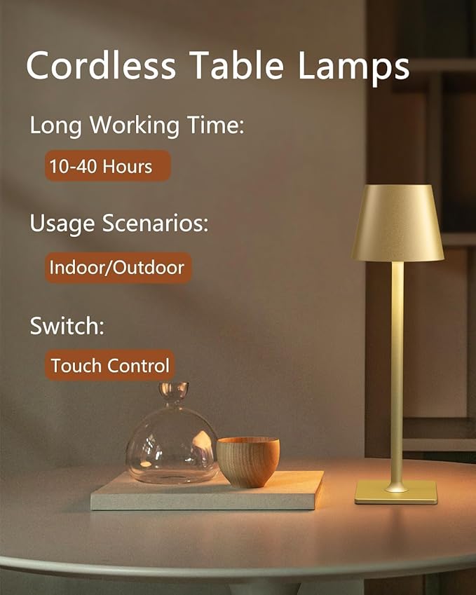 Cordless Table Lamp, 6000mAh Battery Operated, 250LM Adjustable Brightness IP65 Height Adjustable - Set of 2 Gold Wireless Lamps for Restaurant Patio Bedside Outdoor Cafe & Home Decor