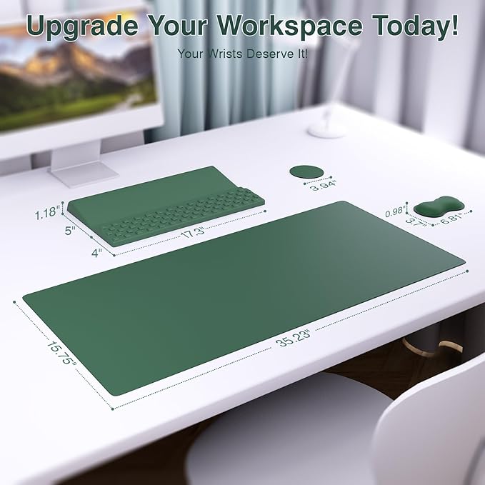 Ospelelf Keyboard Wrist Rest Stand Pad and Ergonomic Mouse Pad Set with Large Mousepad, Memory Foam Comfort, Premium Office Desk Accessories for Pain Relief, Green