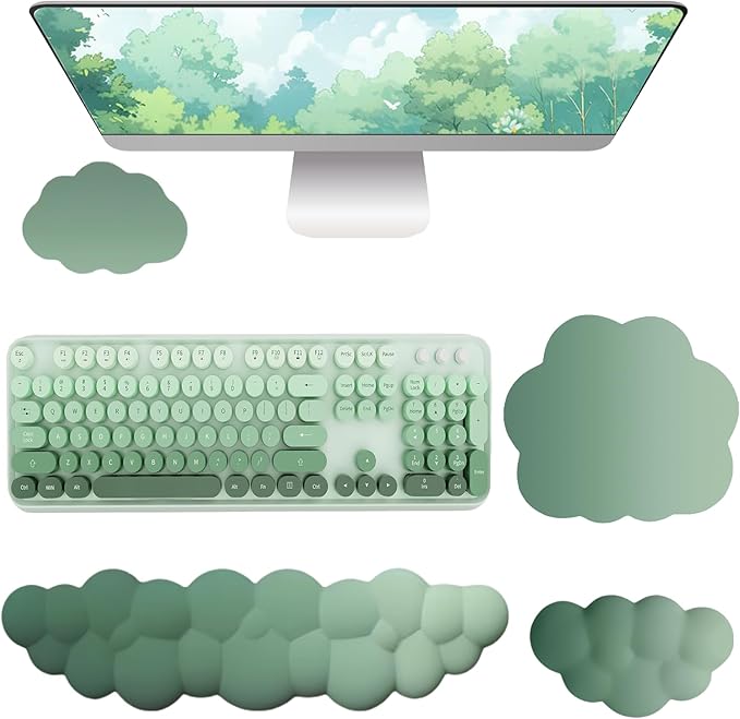 Cloud Mouse Pad Keyboard Wrist Rest for Mouse 4PCS Mini Small Desk Mat Pad Set Memory Foam Non-Slip Cute Ergonomic Gaming Mouse Wrist Support for Computer Home Office Gradient Green