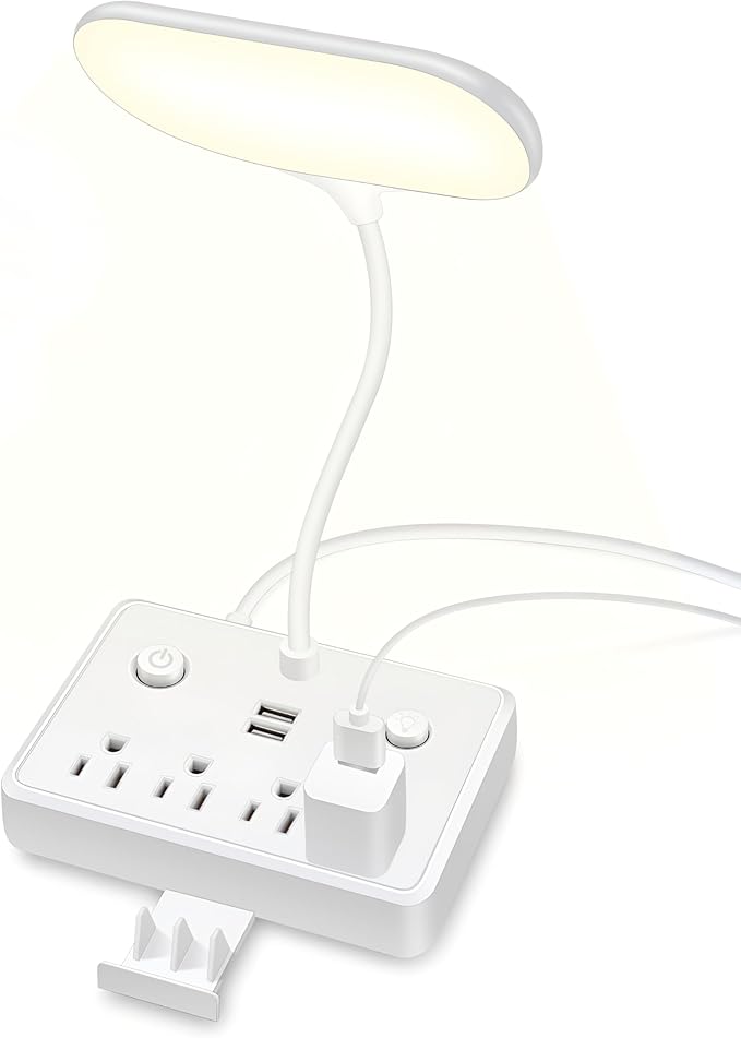 LED Desk Lamp, Power Outlet with Dimming Night Light Desk Light,Table Lamps 3 Lighting Modes Desktop Charging Extension Lead 4 AC Power Outlet and 2 USB Charging Ports for Travel Home Office