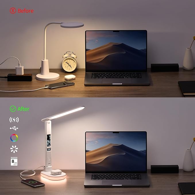 LED Desk Lamp with 10W QI Wireless Charging, Flexo Table Lamp with 3 Colors and 5 Brightness Levels with Charging Function,USB,Clock,Temperature,LCD,Date,Touch Control. (White)