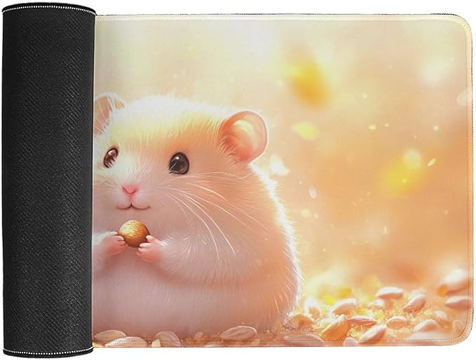 Large Ergonomic Gaming Mouse Pad Happy Hamster with Sunflower Seed - Cute Animal Theme with Non-Slip Base Water-Resistant Surface and Stitched Edges 30x60cm