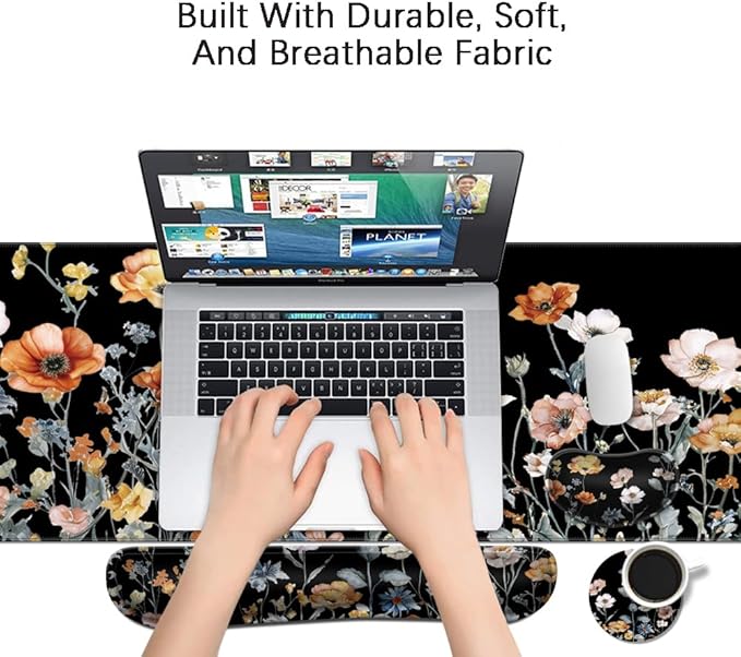 MIBITRI Keyboard Mouse Pad Set, Extended Gaming Mouse Pad+Ergonomics Keyboard Wrist Rest Support, Memory Foam, Easy Typing, 4Pcs XXL Ultra Thick Desk Mat, Flower Black