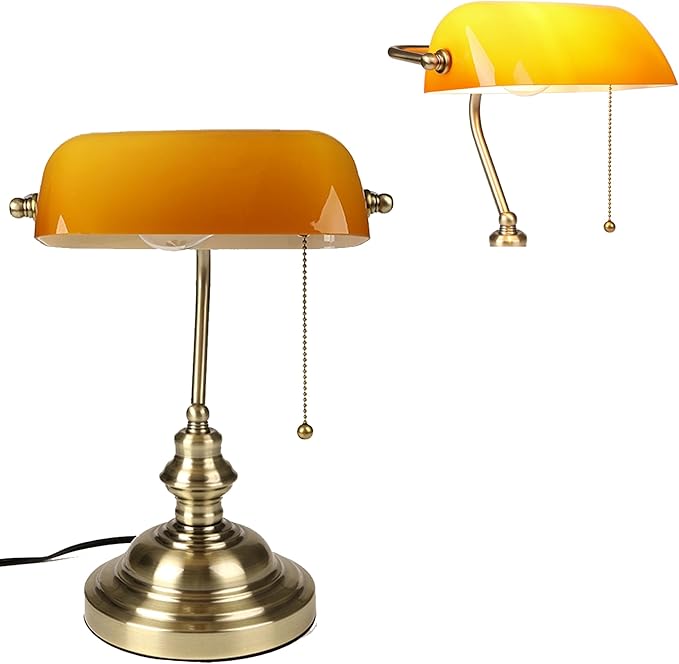 FIRVRE Bankers Desk Lamp with Pull Chain Switch, Amber Glass Shade Desk Lamps, Bronze Base,Vintage Library Lamp for Home Office, Study Room,Piano