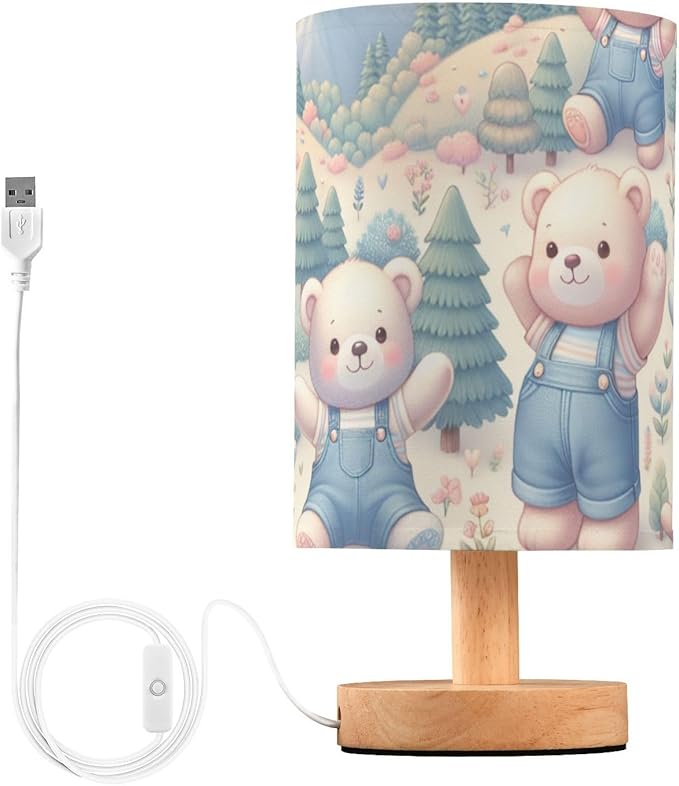 Bear LED Table Lamp, Bedside Lamp with Linen Lampshade, Flicker-Free Eye Care USB Plug in Nightstand Lamp, for Bedroom and Office