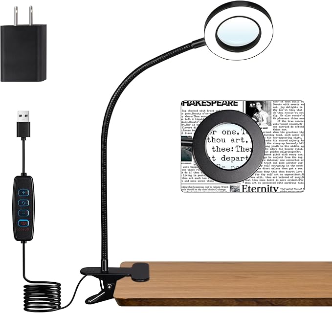 5X Magnifying Glass Desk Clip Lamp, 10 Brightness, 3 Color Modes, 5V/2A Adapter Included – Clamp Light for Reading, Crafting, Close Work (Black)