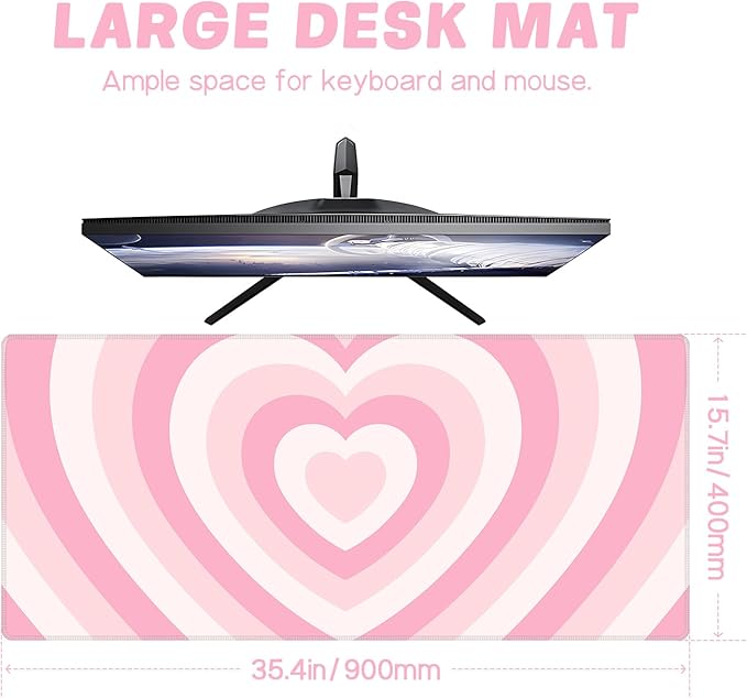 Baziabbo Pink Desk Mat,XXL Extended Large Mouse Pad,Gaming Mousepad with Stitched Edge,Non-Slip Rubber Base Keyboard Desk Pad for Home Office Study Game (Pink Heart)