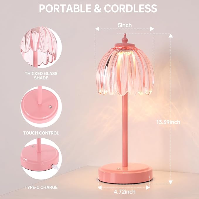 Rechargeable Table Lamp with 5200mAh Battery & Touch Control - 3 Adjustable Color Temperatures, Cordless Dimmable Table Light for Bedroom, Office Desk, Nightstand (Clear Pink,Pink Base)