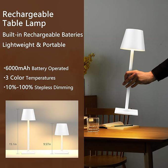 White Cordless Table Lamp Set of 2 for Patio Restaurant Home Dinner Kitchen