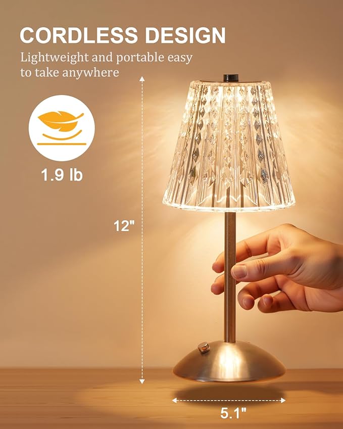 Cordless Touch Table Lamp, LED Rechargeable Small Dask Lamp, 3 Colors Dimmable Battery Operated Crysta Lamp for Bedroom Restaurant Kitchen Home Decor,Silver, 2pcs